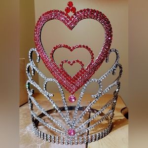 Beauty Pageant Custom Rhinestone Crown 8in Tall Hearts Vintage Adjustable